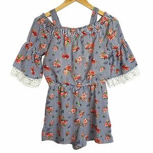 My Michelle Blue and White Striped Floral Romper